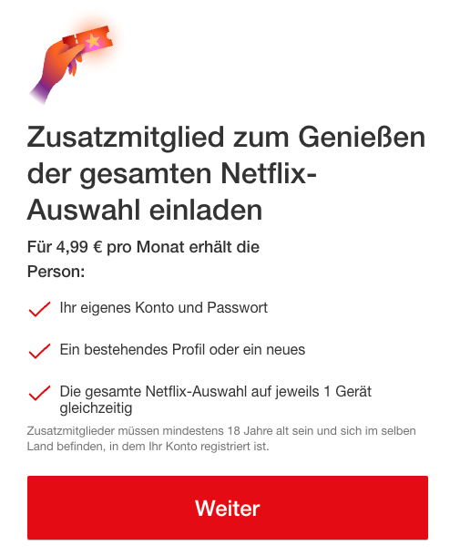 Screenshot der Netflix-Seite für ein Zusatzmitglied.
